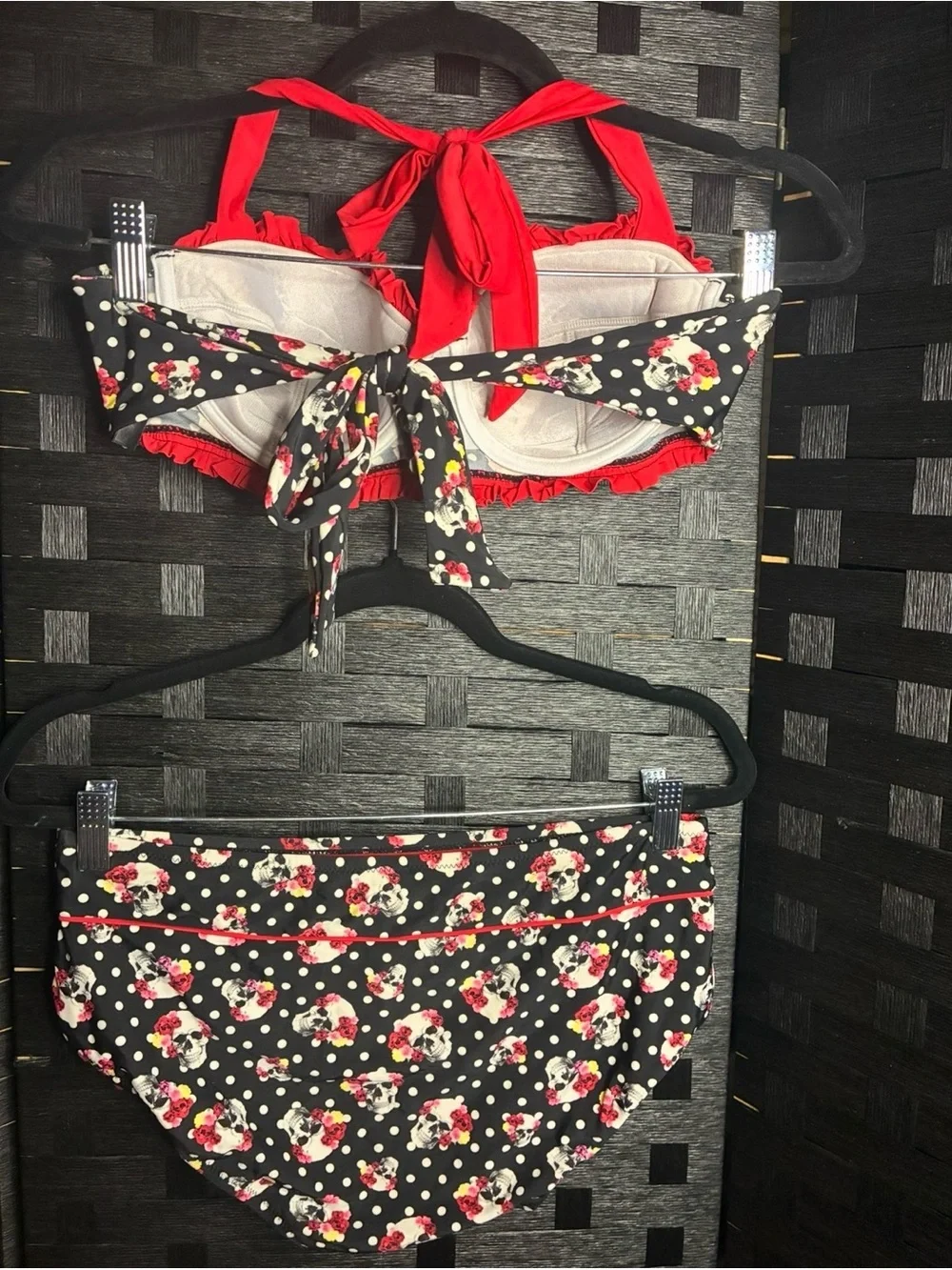 Hot Topic Black and Red Floral Polka Retro High-Waist Bikini Set
